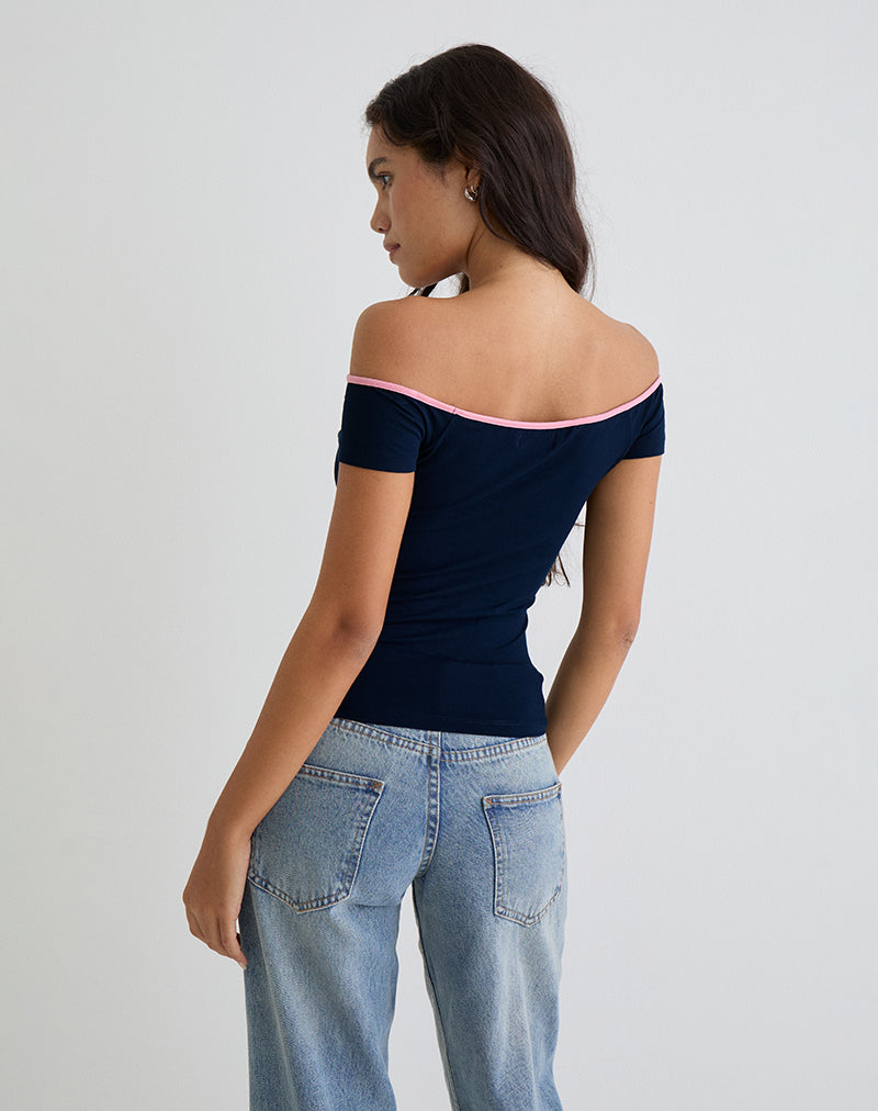 Mayomi Off the Shoulder Top in Navy with Pink Binding