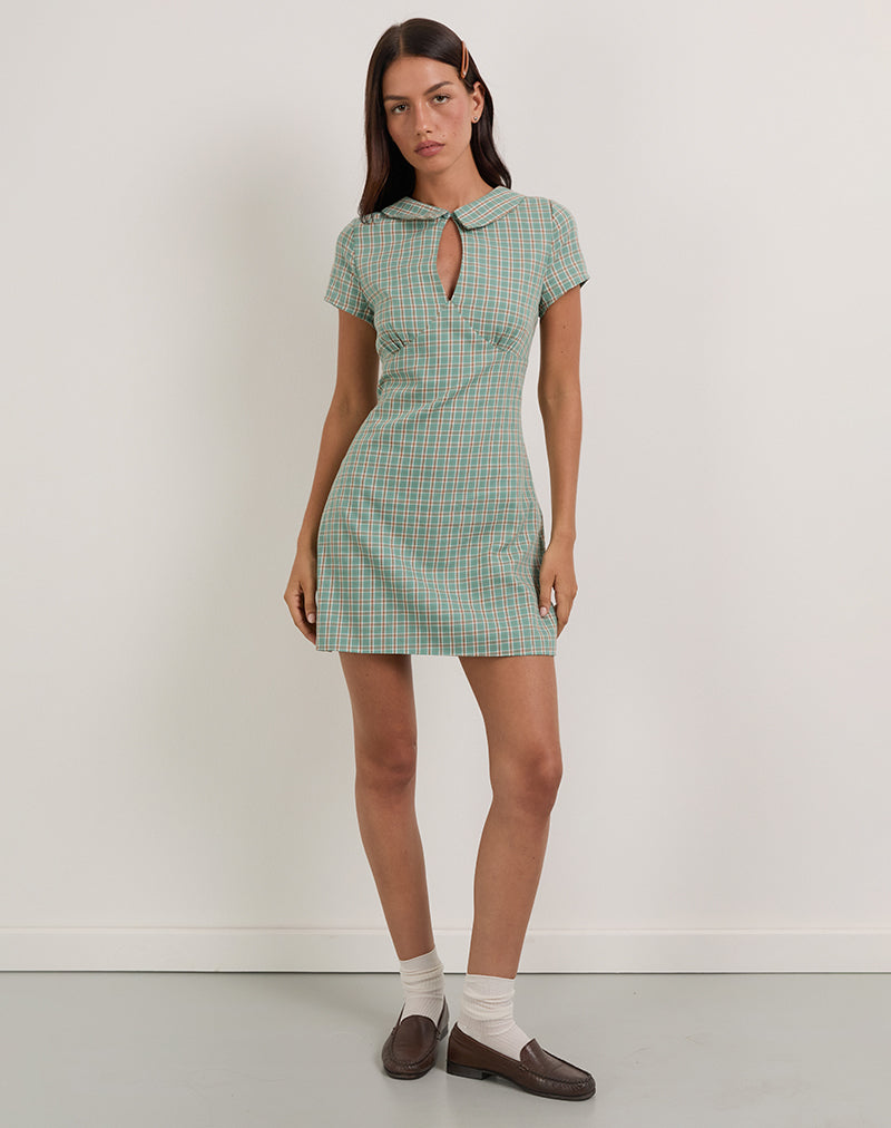 Medora Keyhole Mini Dress in Teal Check