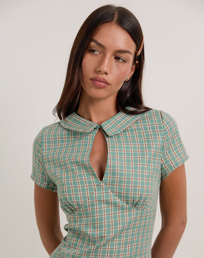 Medora Keyhole Mini Dress in Teal Check