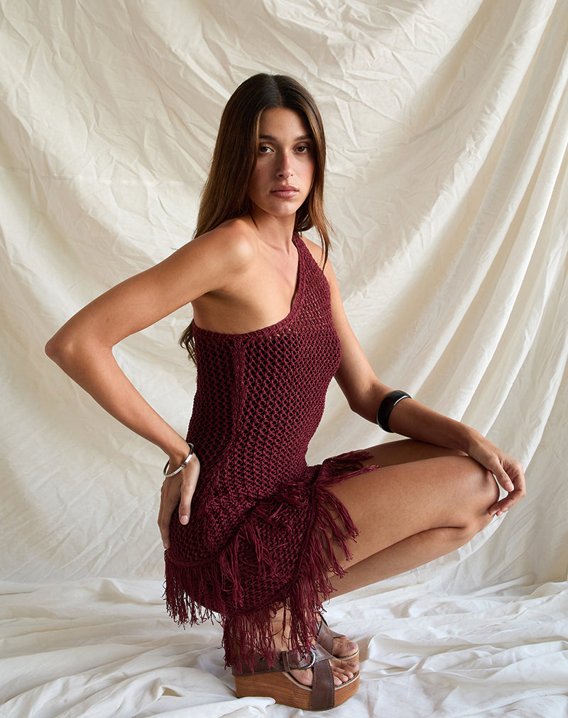 Meloka Asymmetric Fringe Mini Dress in Berry