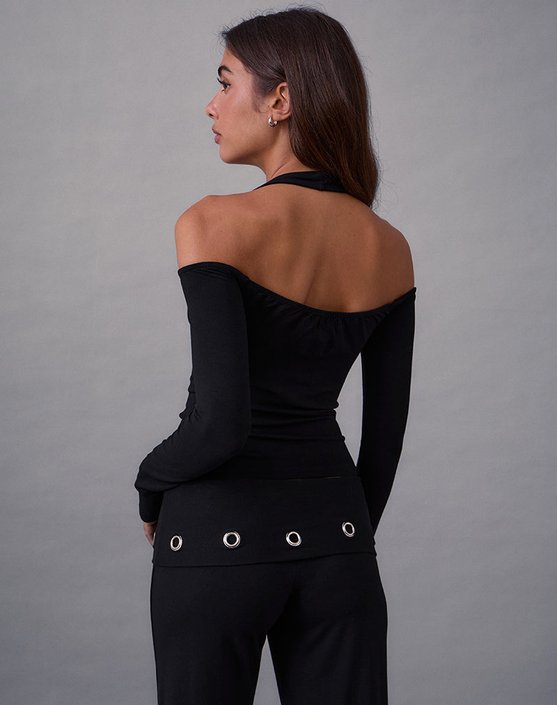 Melton Long Sleeve Halter Top in Rayon Jersey Black