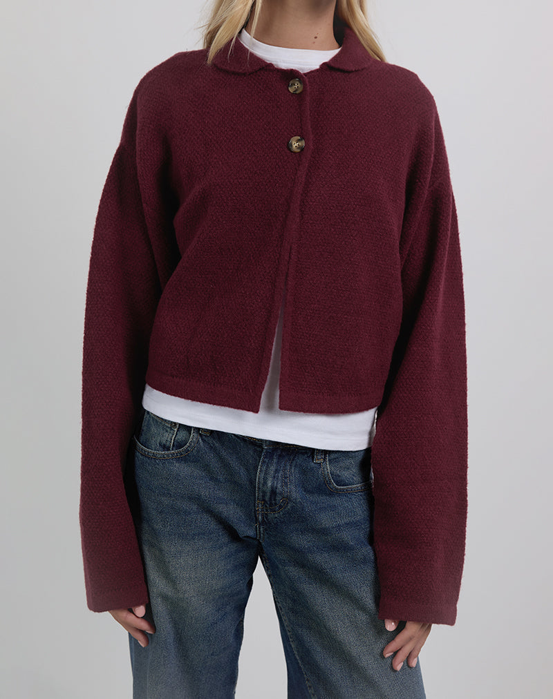 Merril Collared Cardigan in Knit Wine