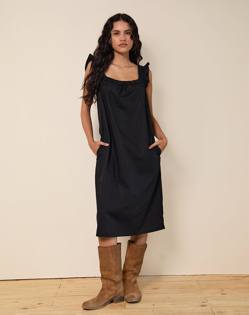 Merrily Smock Midi Dress in Poplin Black