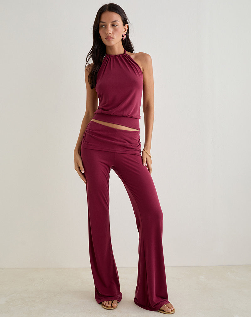 Miasa Backless Halterneck Top in Cupro Burgundy