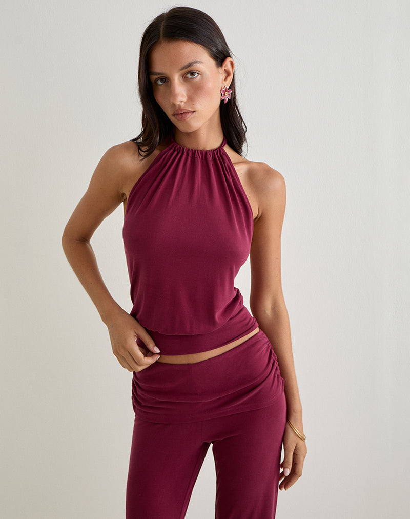 Miasa Backless Halterneck Top in Cupro Burgundy