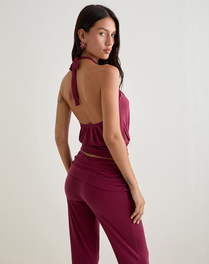 Miasa Backless Halterneck Top in Cupro Burgundy