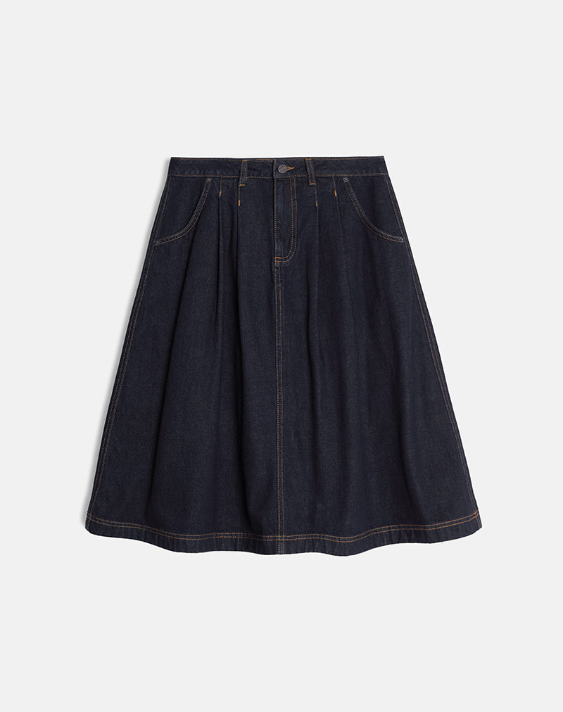 Pleated Midi Denim Skirt in Indigo