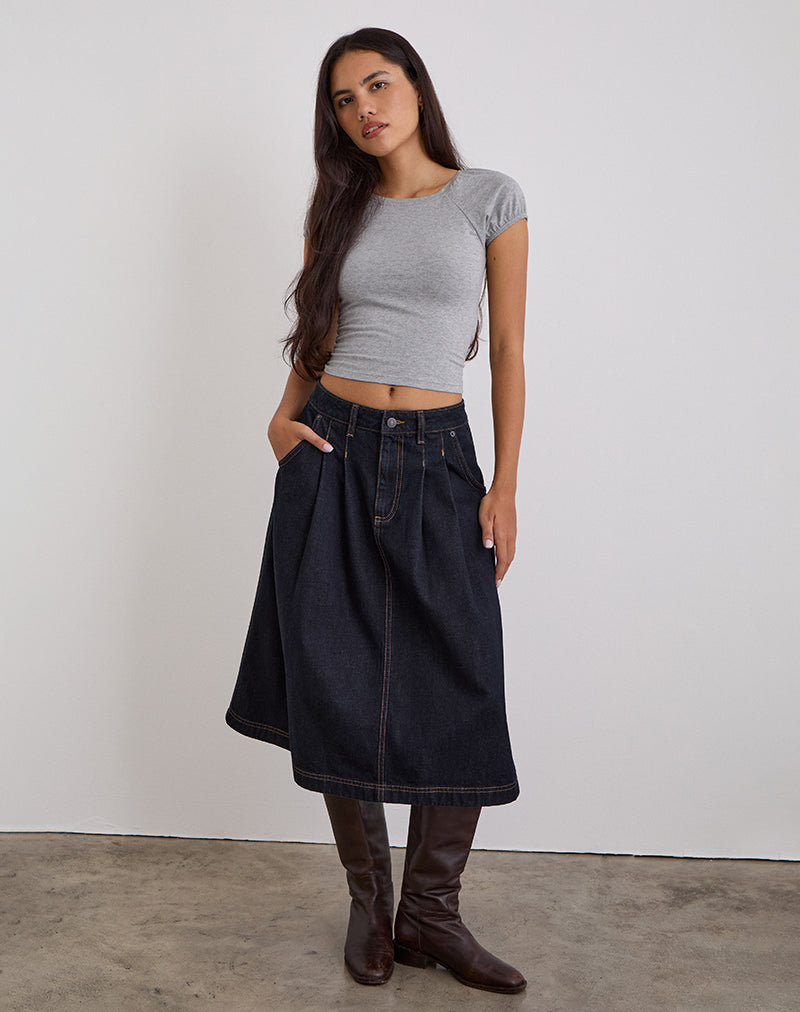 Pleated Midi Denim Skirt in Indigo