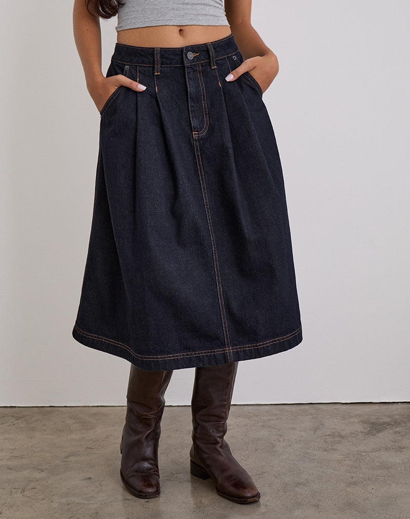 Pleated Midi Denim Skirt in Indigo