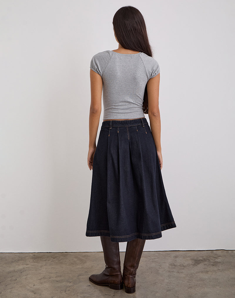 Pleated Midi Denim Skirt in Indigo