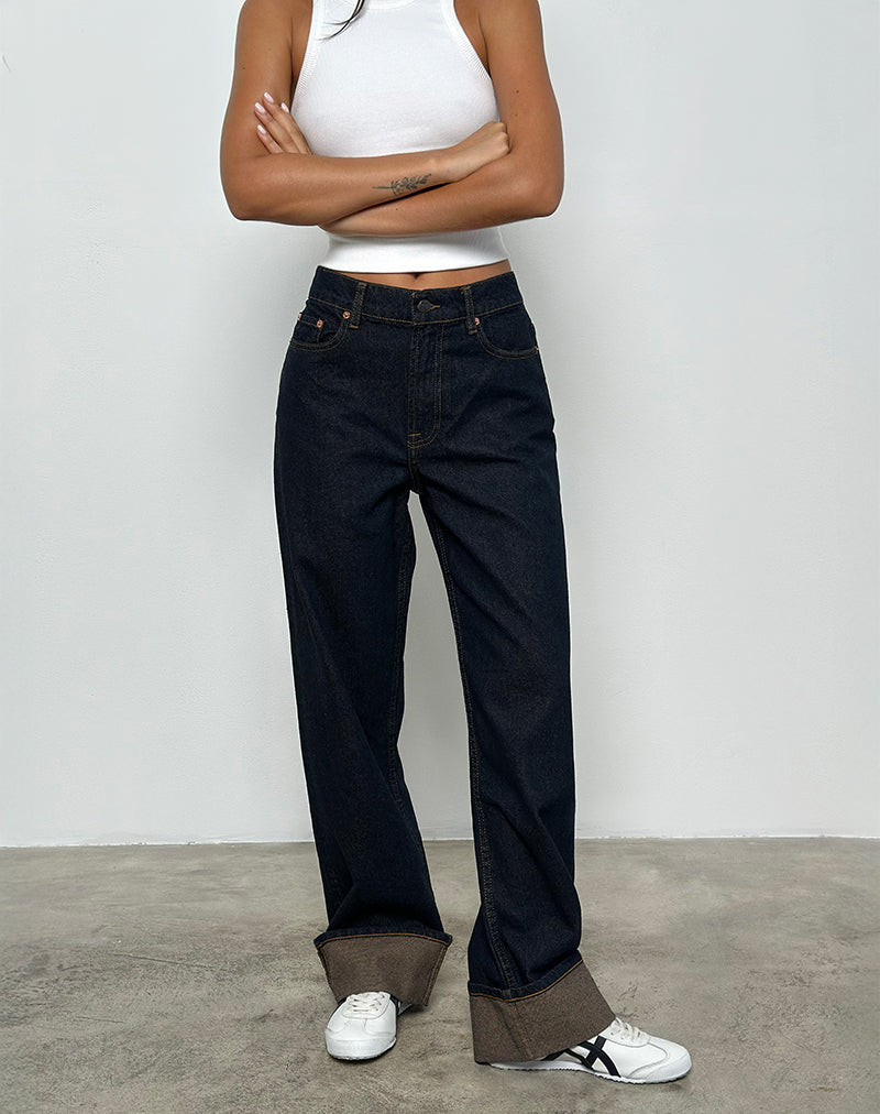 Mid Rise Turn Up Straight Jeans in Indigo