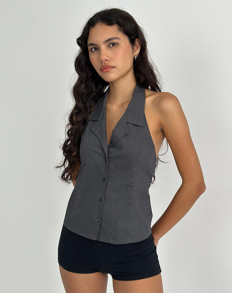 Mikanu Button Down Halterneck Blouse in Charcoal Grey