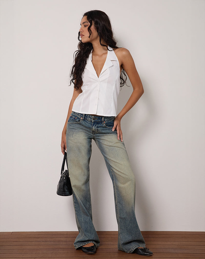 Mikanu Halterneck Button Down Blouse in Poplin White