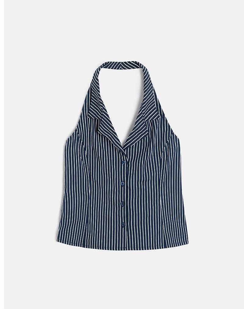 Mikanu Halterneck Blouse in Pinstripe Navy