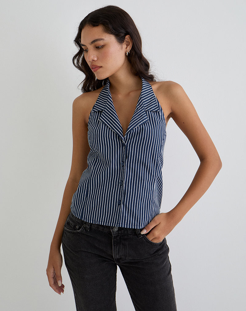 Mikanu Halterneck Blouse in Pinstripe Navy