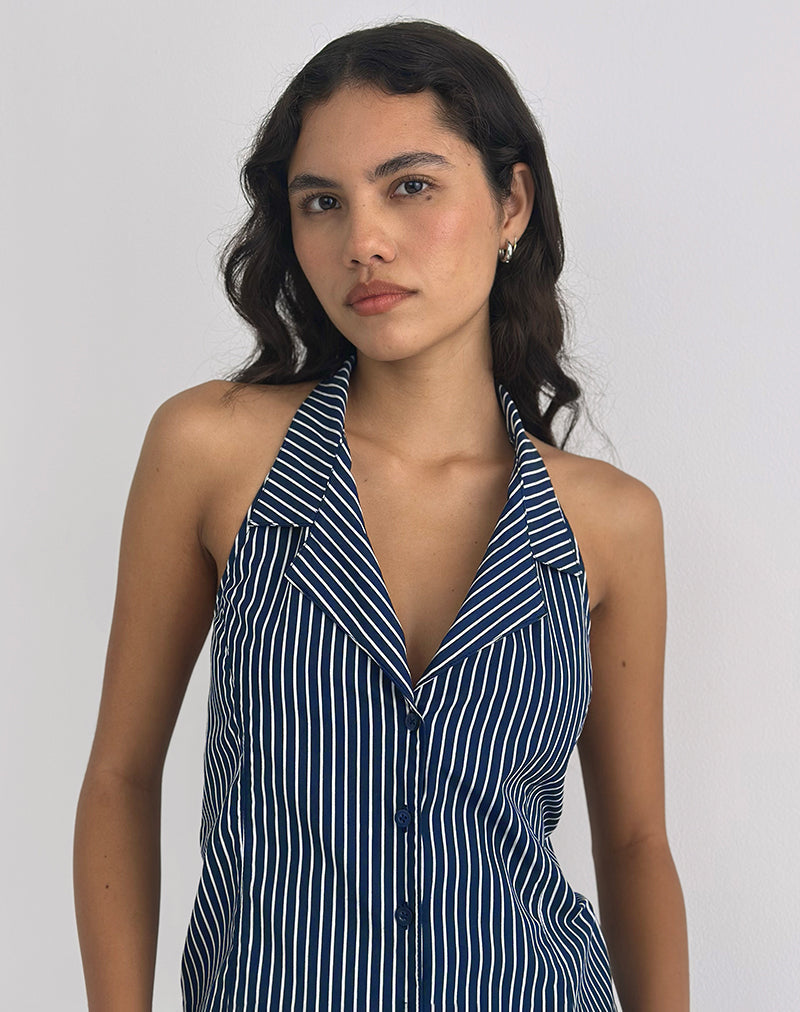 Mikanu Halterneck Blouse in Pinstripe Navy