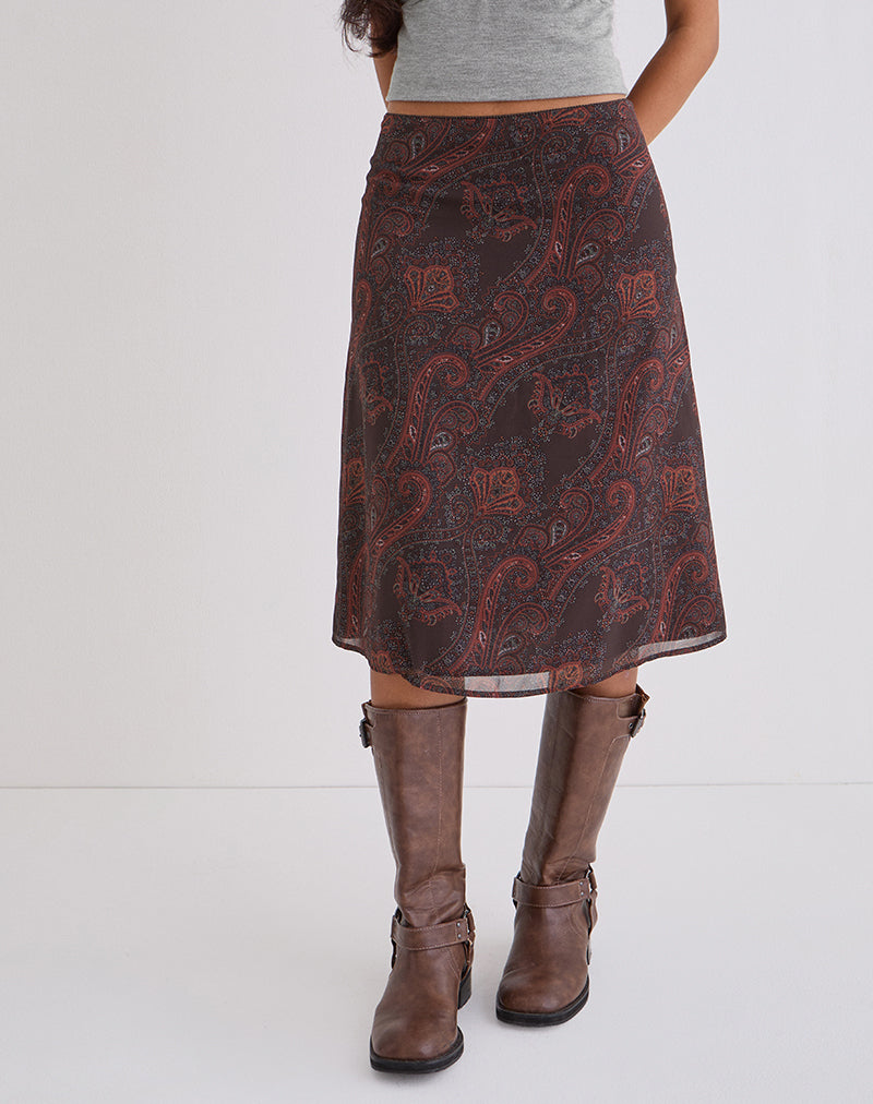 Suriela Midi Skirt in Chiffon Royal Paisley Burgundy