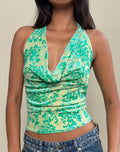Minova Cowl Neck Top in Floral Flock Green and Blue