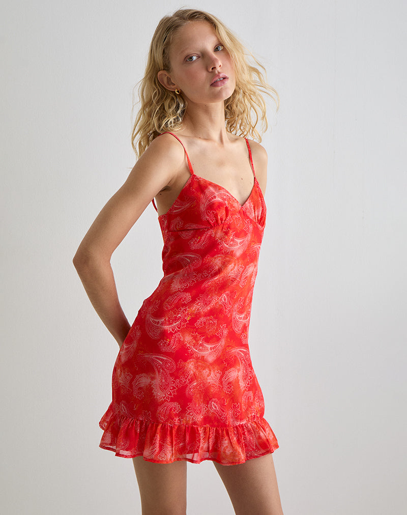 Mireya Mini Dress in Paisley Chiffon Red
