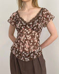 Misaki Top in Chiffon Polka Flower Brown