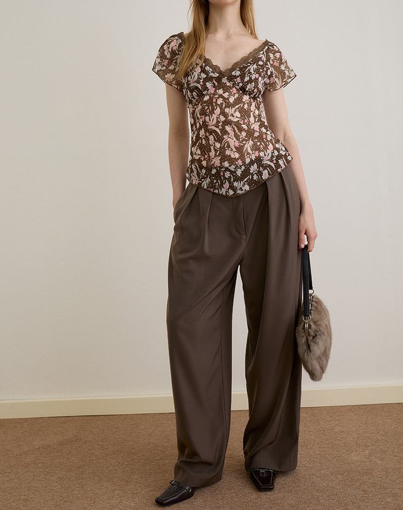 Misaki Top in Chiffon Polka Flower Brown