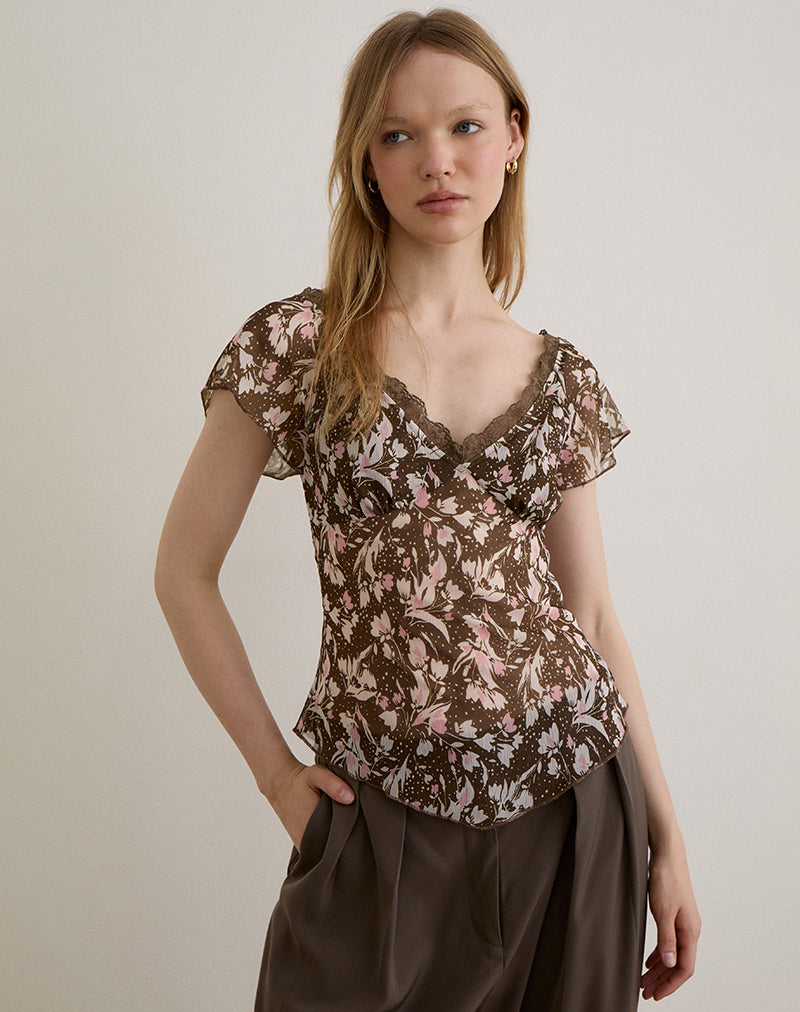 Misaki Top in Chiffon Polka Flower Brown