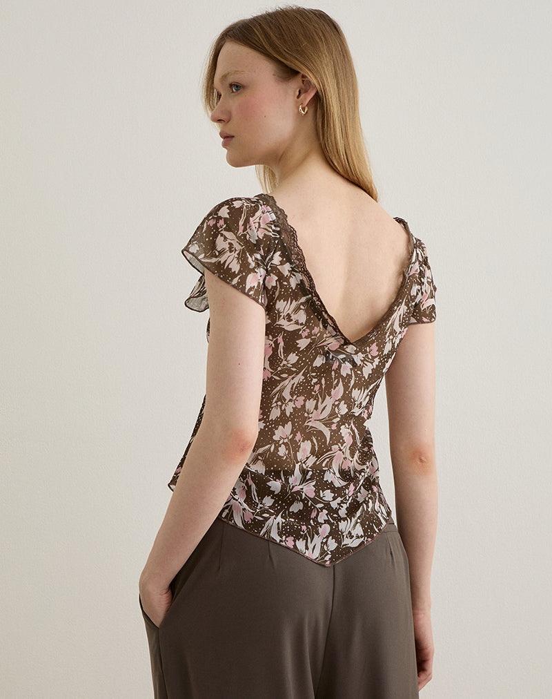 Misaki Top in Chiffon Polka Flower Brown