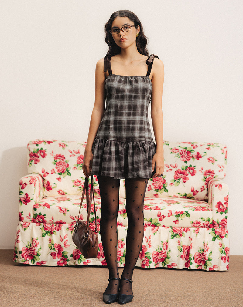 Miyori Square Neck Mini Dress in Grey Check