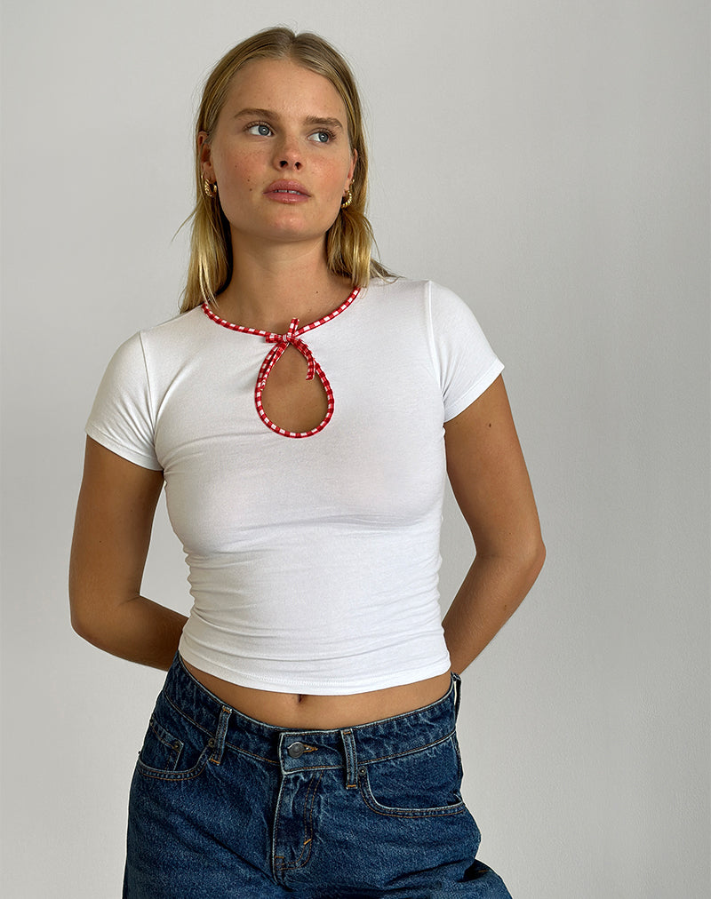 Monsel Tie Front Top in White with Red Gingham Binding