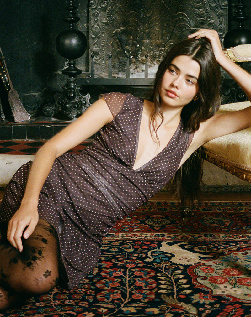 Mowgli Cap Sleeve Mini Dress in Brown with Micro Polka Pink Print