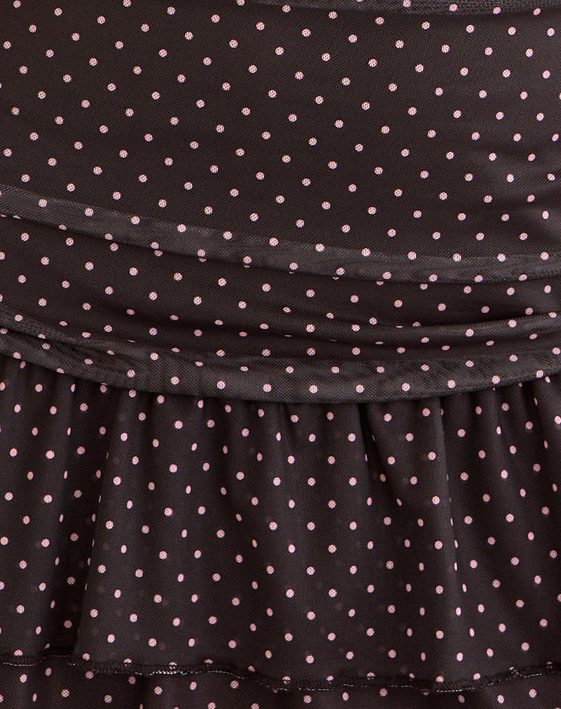 Mowgli Cap Sleeve Mini Dress in Brown with Micro Polka Pink Print