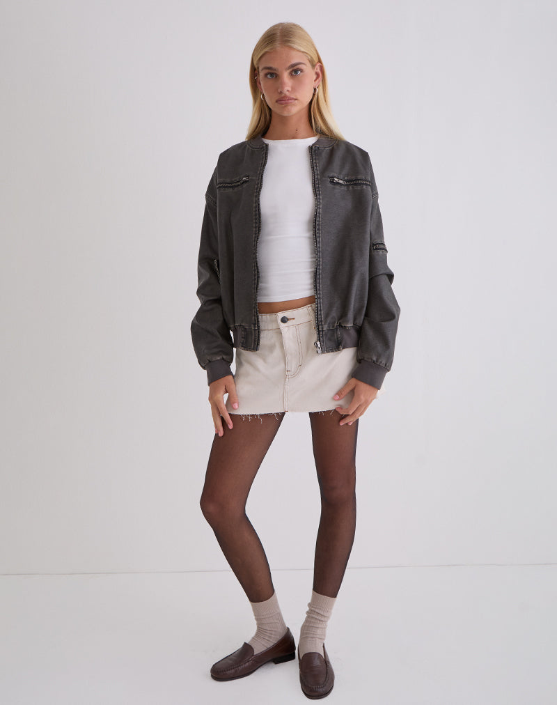 Marco Distressed Bomber Jacket in PU Charcoal