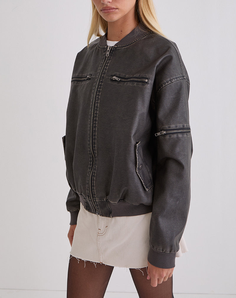 Marco Distressed Bomber Jacket in PU Charcoal