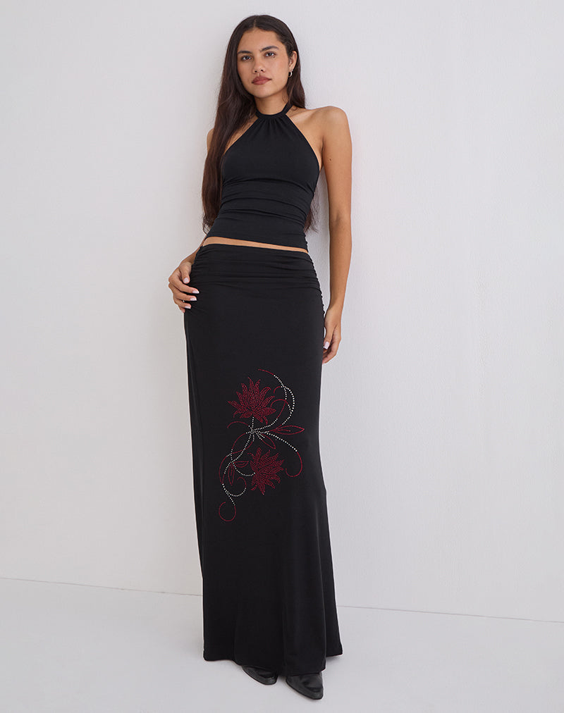 Naisra Maxi Skirt in Cupro Diamante Flower Black