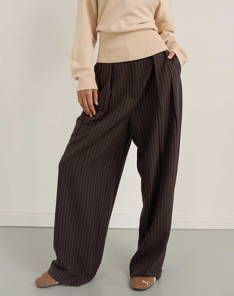 Nala Wide Pleated Trouser in Dark Brown Pinstripe