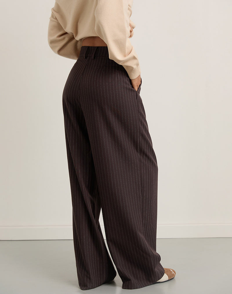 Nala Wide Pleated Trouser in Dark Brown Pinstripe