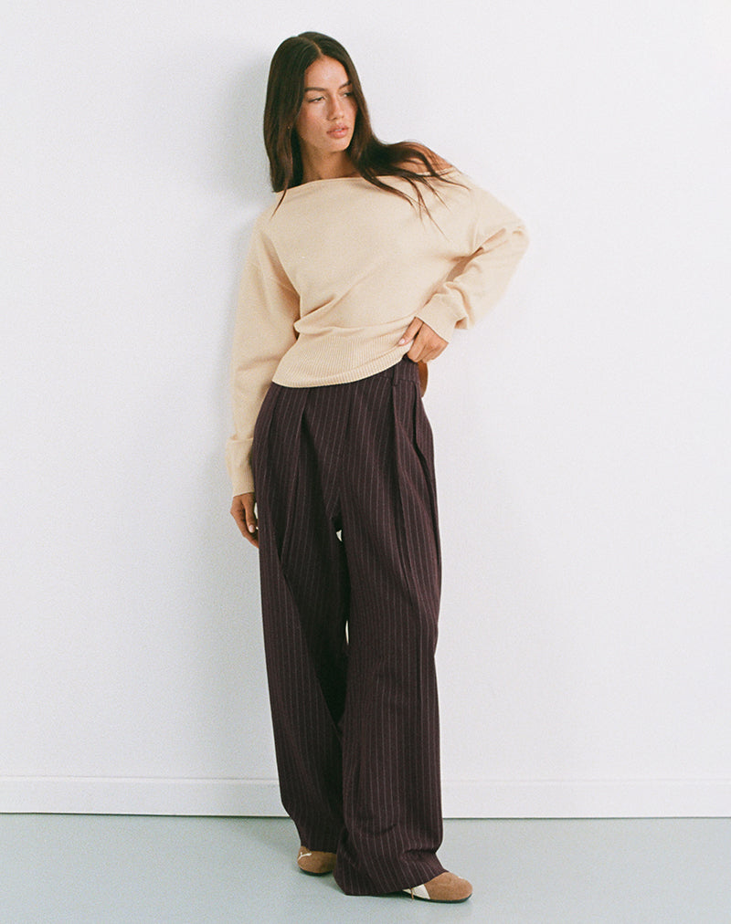 Nala Wide Pleated Trouser in Dark Brown Pinstripe