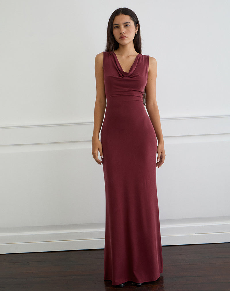 Namra Cowl Neck Maxi Dress in Cupro Burgundy