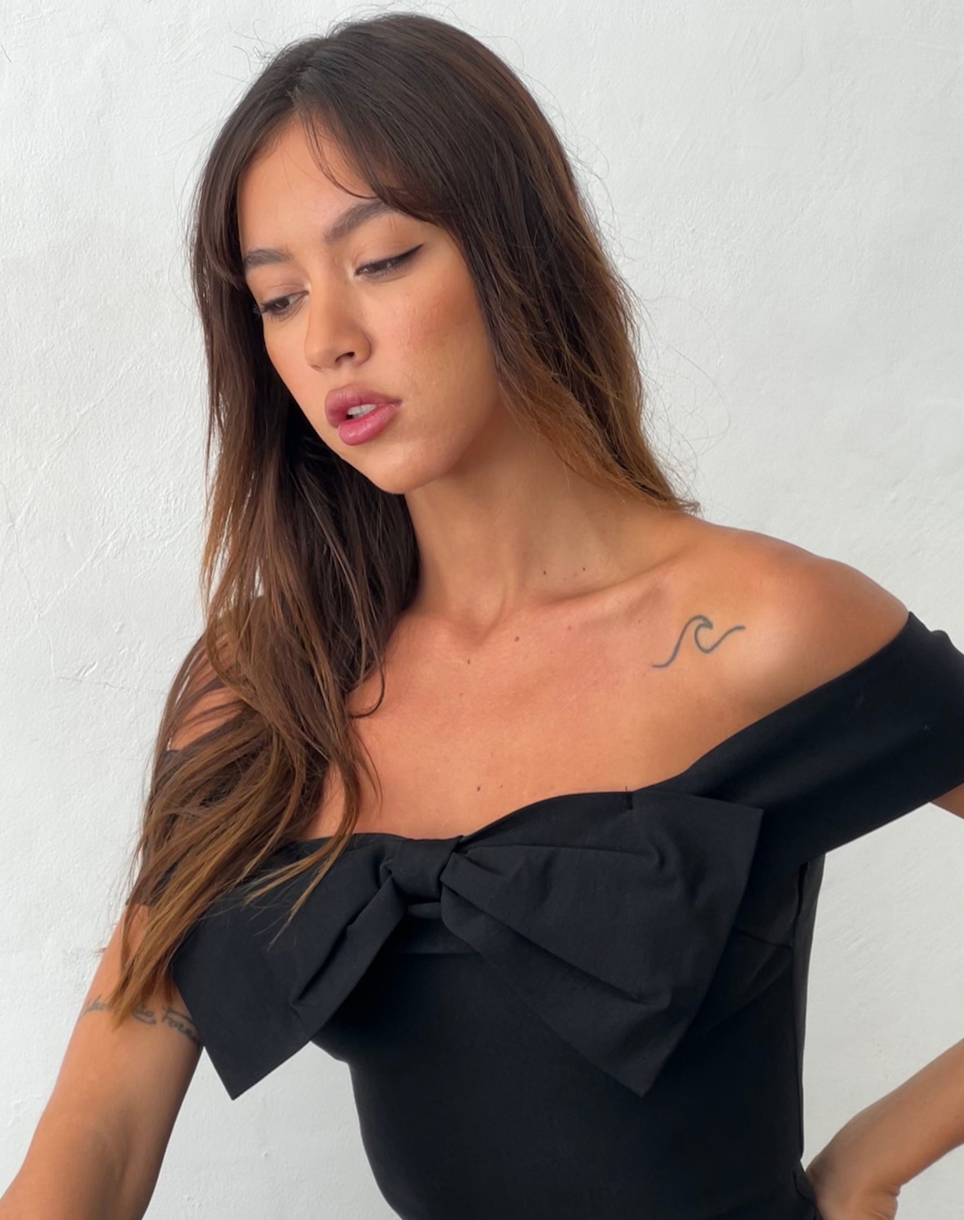Naras Bow Front Bardot Top in Black Tailoring