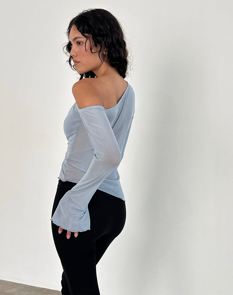 Narcissa Asymmetric Long Sleeve Top in Mesh Light Blue