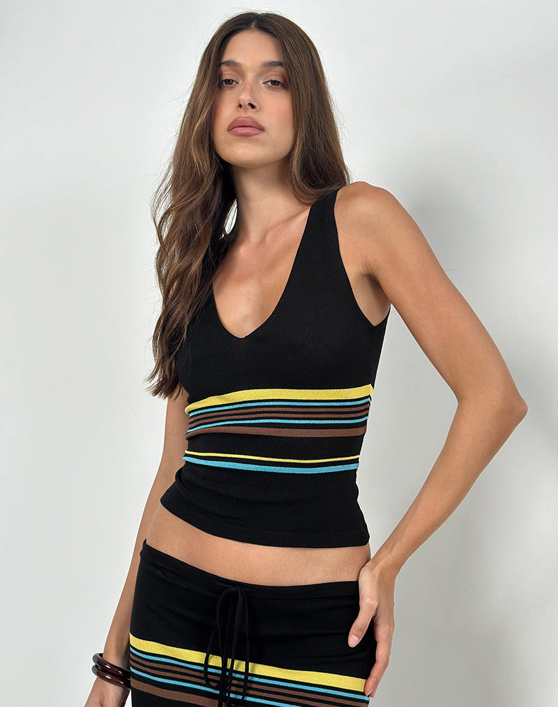 Natcha Vest Top in Black with Brown and Blue Stripes