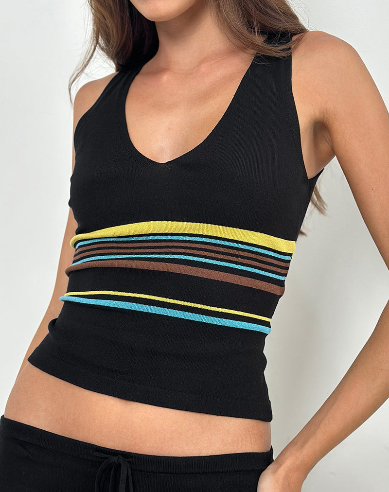 Natcha Vest Top in Black with Brown and Blue Stripes