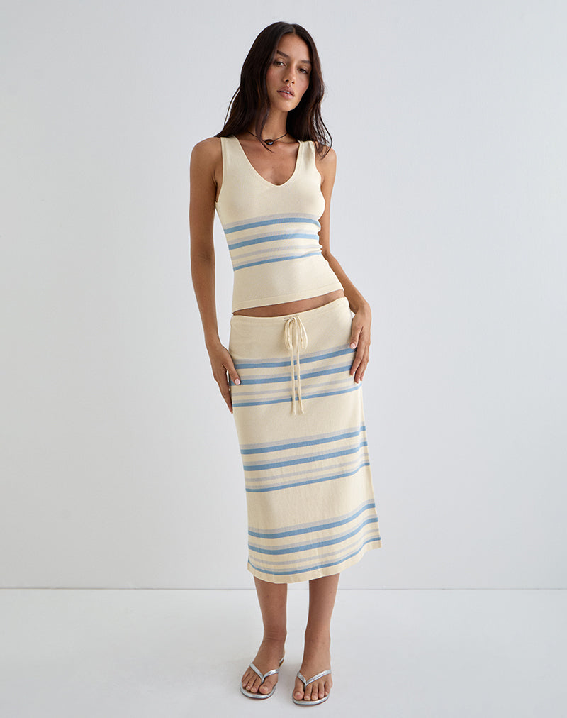 Amalia Midi Skirt in Cream with Blue and Grey Stripes
