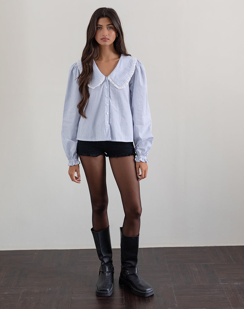 Nelcy Oversized Collared Shirt in Small Vertical Stripe Blue