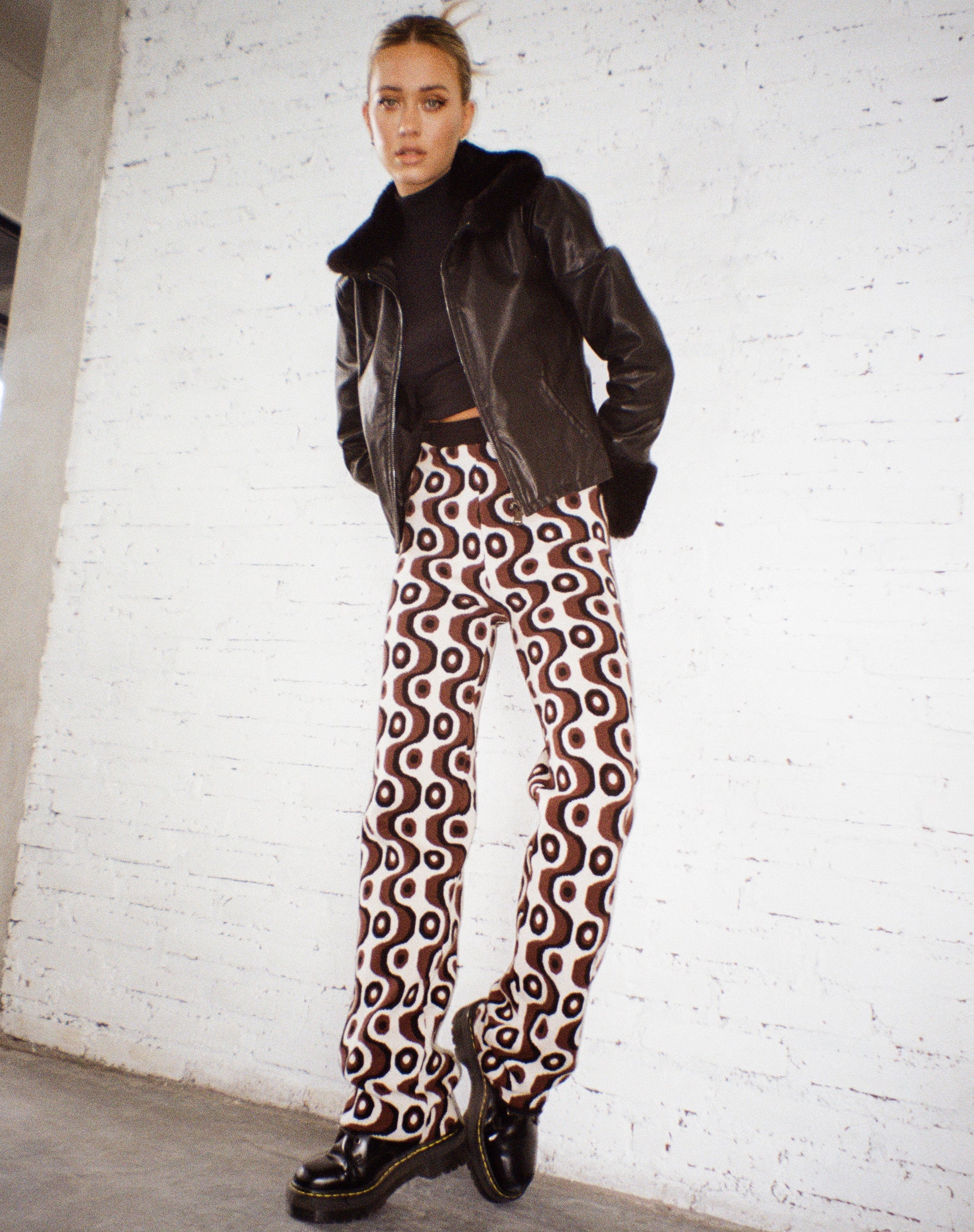 Sheba Wide Leg Trouser in Wavy Geo Ivory Brown and Black