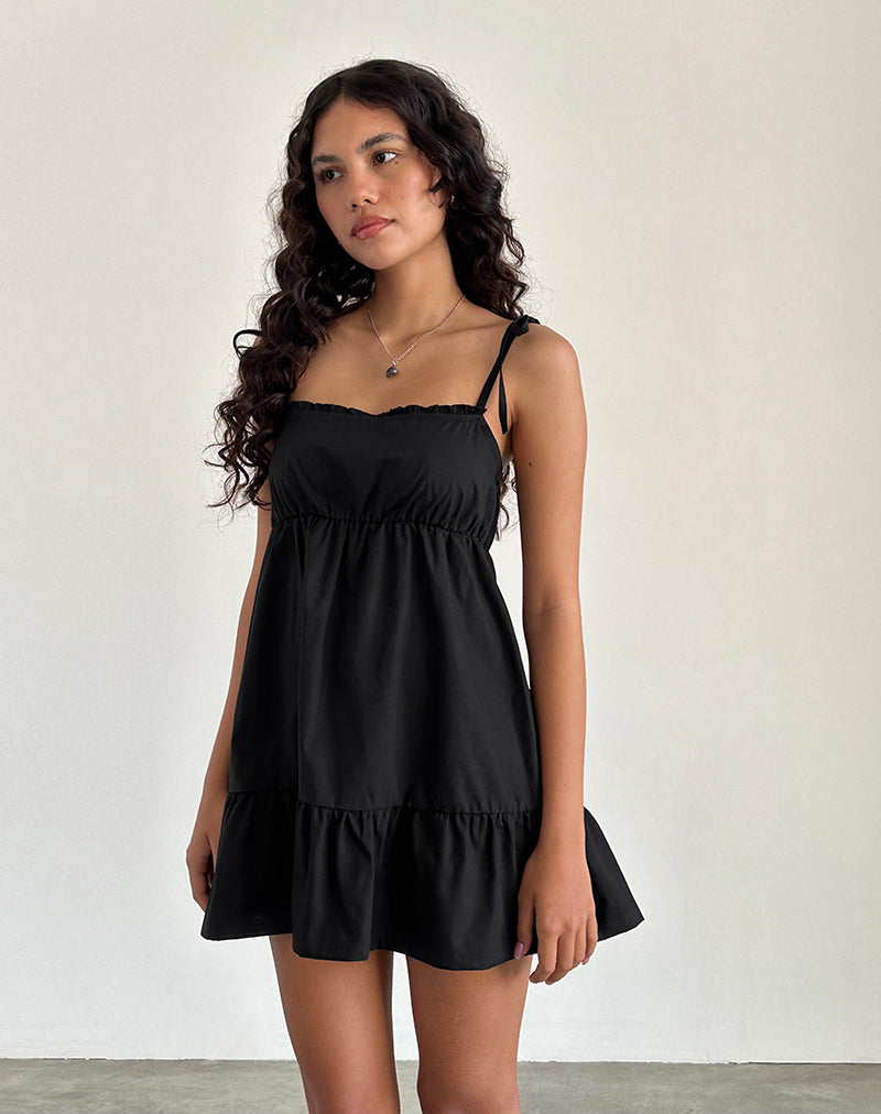 Nigta Tie Front Mini Dress in Poplin Black