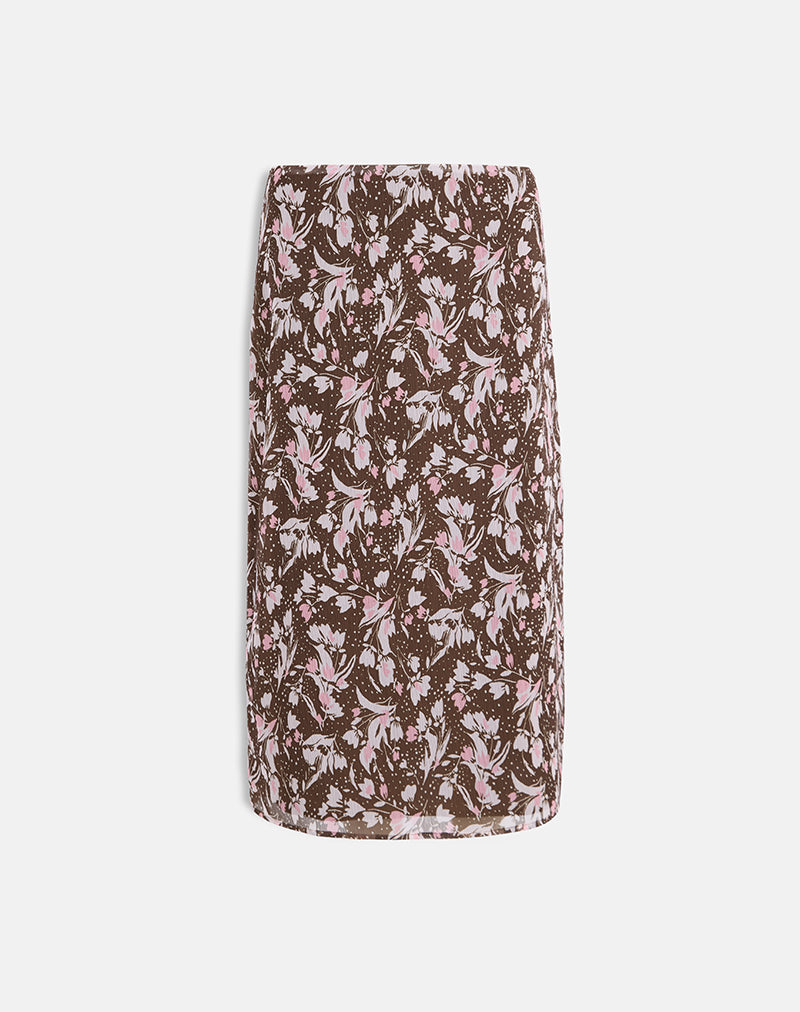 Nimas Midi Skirt in Brown and Pink Polka Flower Chiffon