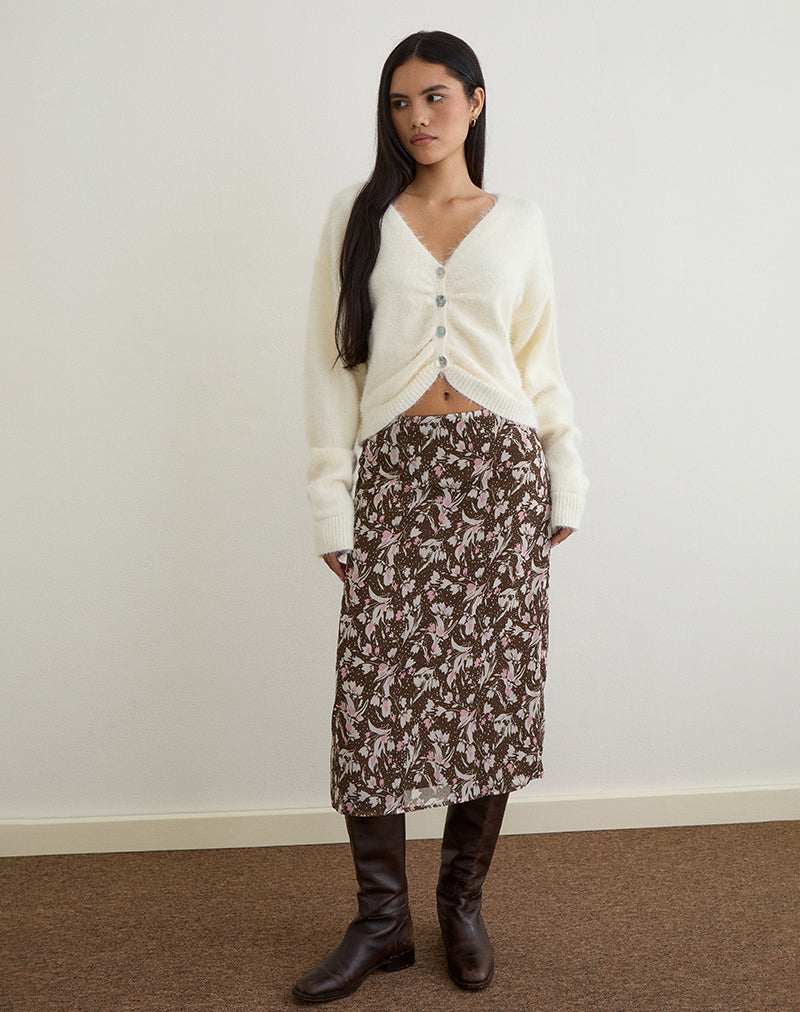 Nimas Midi Skirt in Brown and Pink Polka Flower Chiffon
