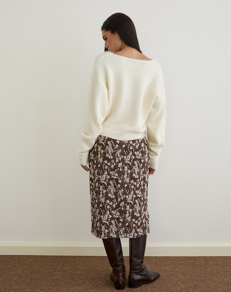 Nimas Midi Skirt in Brown and Pink Polka Flower Chiffon