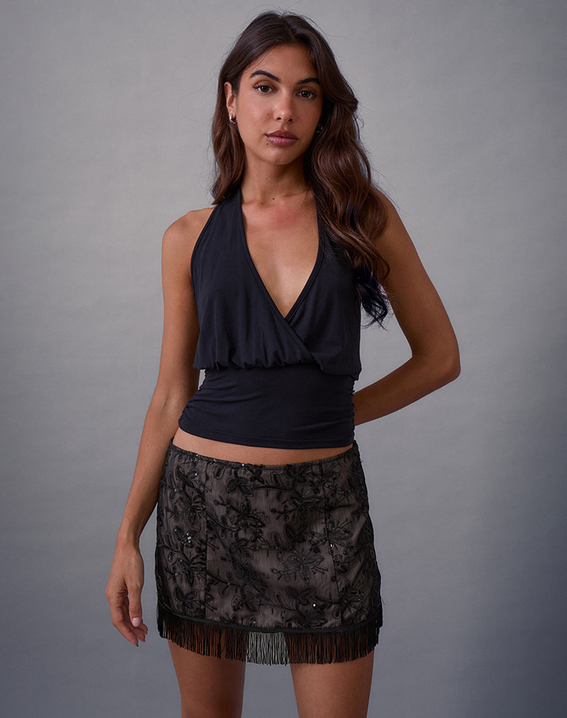 Nivia Mini Skirt in Tassle Floral Chiffon Sequin Black